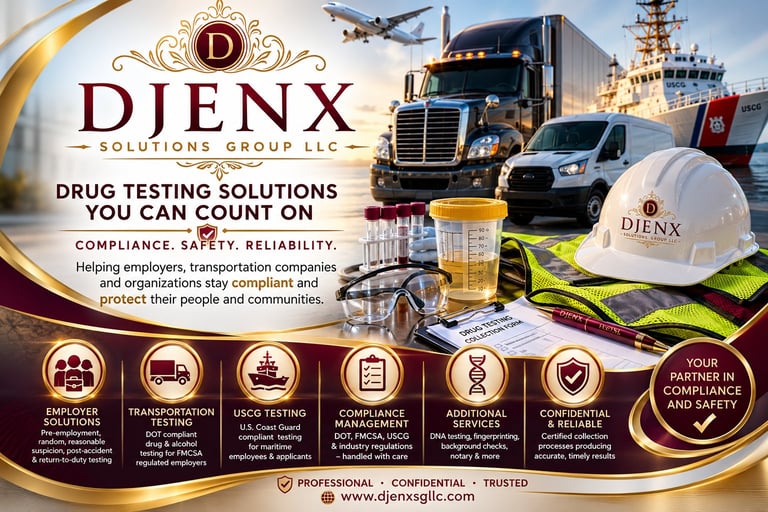 DJENX Solutions Group promotional banner for drug testing services featuring commercial vehicles, workers in safety gear, and service icons