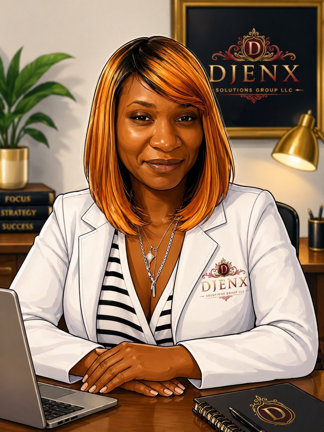 Professional woman with orange hair at desk wearing white blazer with DIENX logo, laptop and office setting visible
