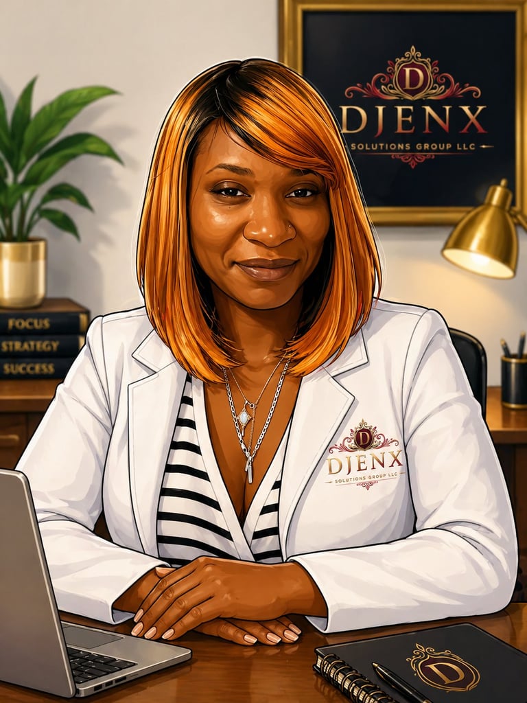 Professional woman with orange hair at desk wearing white blazer with DIENX logo, laptop and office setting visible