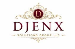 DJENX Solutions Group LLC logo featuring ornate gold design with burgundy D emblem